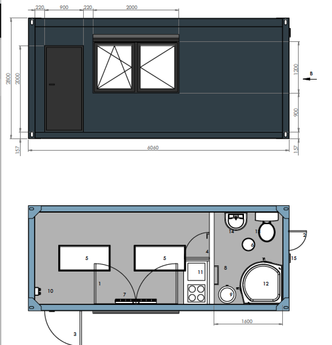 Conteneur résidentiel 6,00 × 2,44 m – Avec cuisine, salle de bain et douche