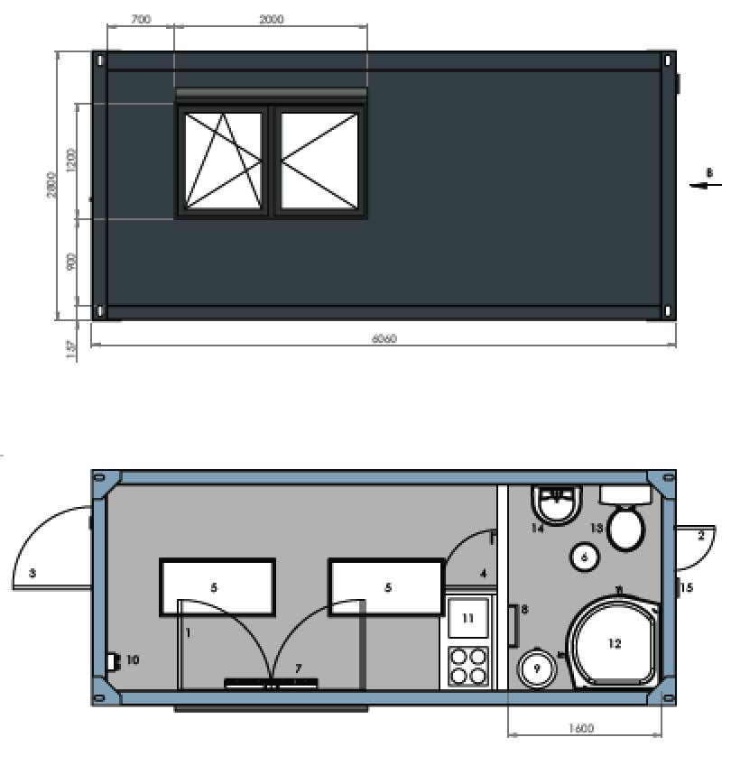 Container abitativo 6,00 × 3,00 m – Con cucina, bagno e doccia