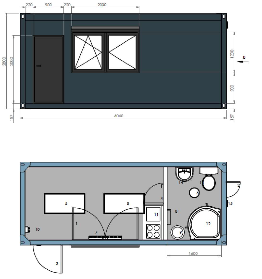 Container abitativo 6,00 × 3,00 m – Con cucina, bagno e doccia